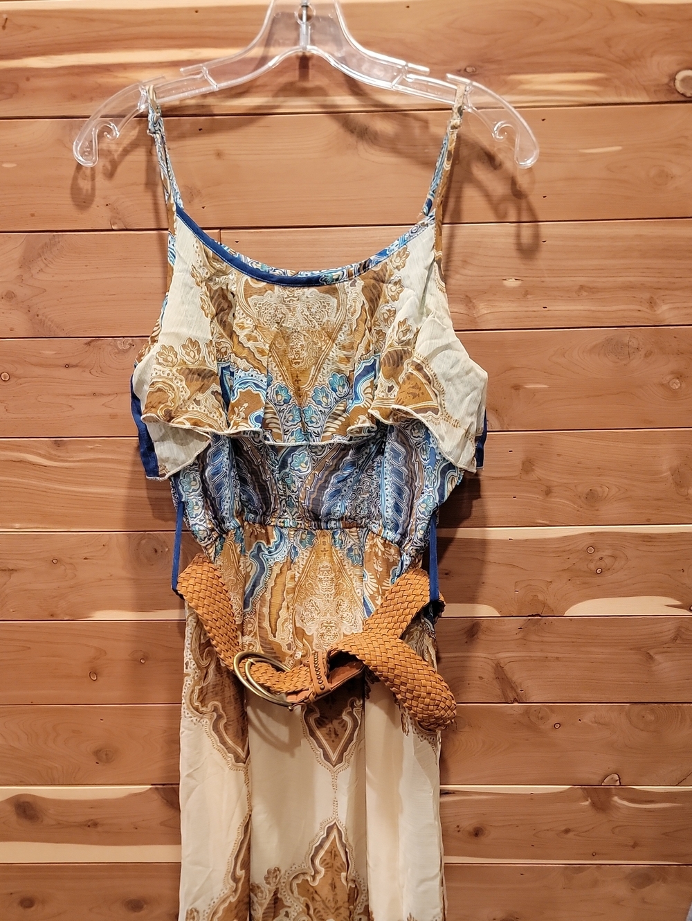 Rue21 Beige and Blue Paisley Ruffle Adjustable Strap Dress With Belt